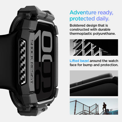 ACS08597 - Apple Watch 10 (46mm) Case Rugged Armor in Matte Black adventure ready, protected daily. Bolstered design that is constructed with durable thermoplastic polyurethane. Lifted bezel around the watch face for bump protection.