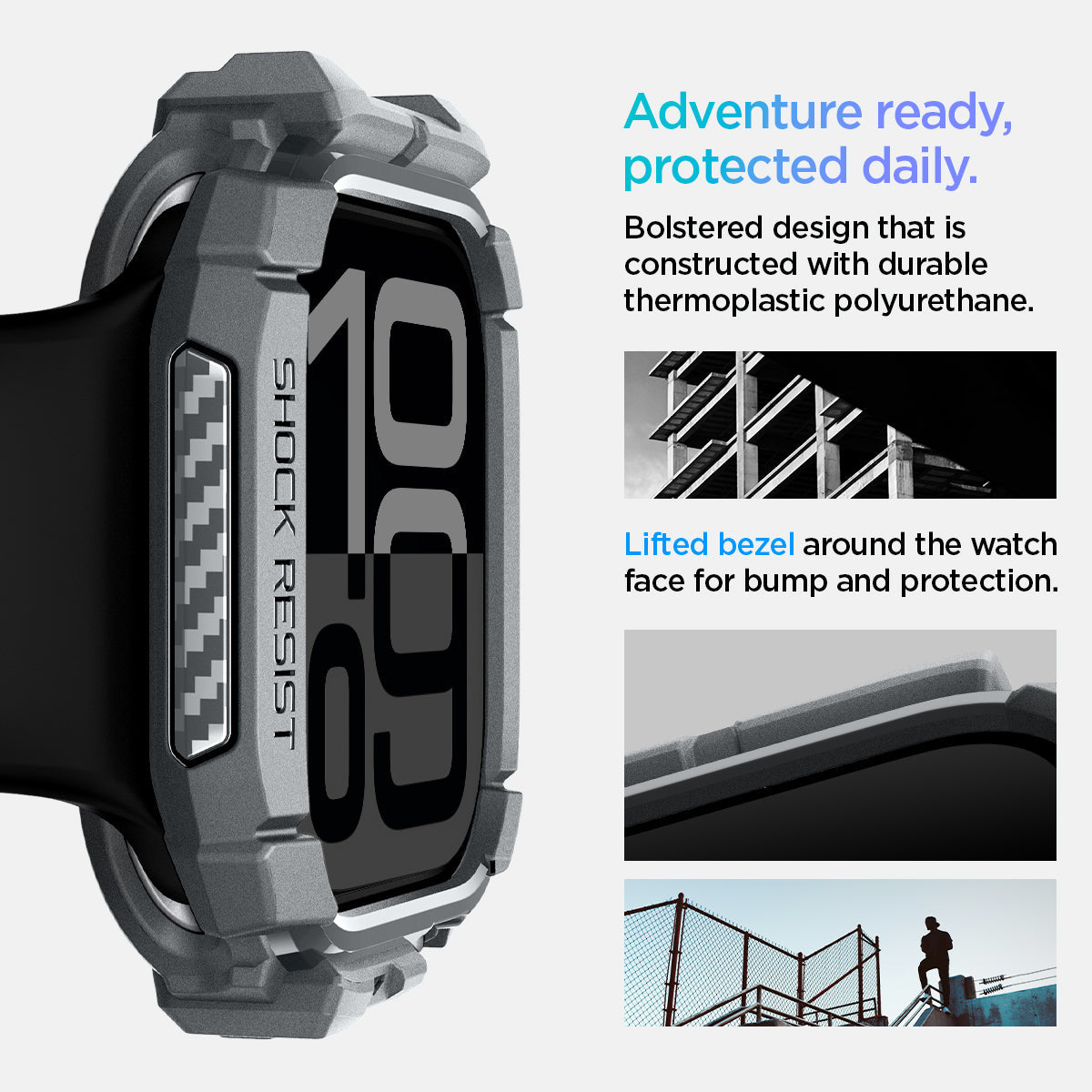 ACS08598 - Apple Watch 10 (46mm) Case Rugged Armor in Dark Gray adventure ready, protected daily. Bolstered design that is constructed with durable thermoplastic polyurethane. Lifted bezel around the watch face for bump protection.