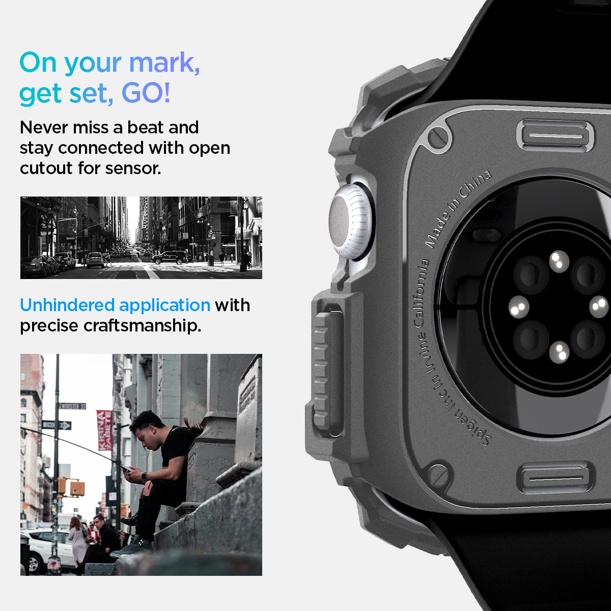 ACS08598 - Apple Watch 10 (46mm) Case Rugged Armor in Dark Gray never miss a beat and stay connected with open cutout for the sensor. Write down On your mark, get set GO! Unhindered application with precise craftsmanship.