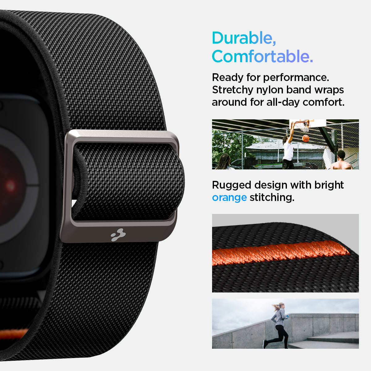 ACS08594 - Apple Watch (42mm) Case Lite Fit Pro in Matte Black showing the durable, comfortable. Ready for performance. Stretchy nylon band wraps around for all-day comfort. Rugged design with bright orange stitching
