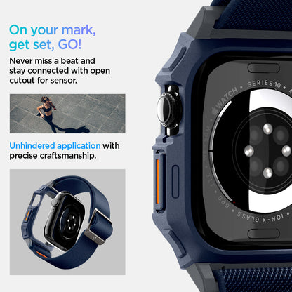 ACS08925 - Apple Watch 10 (46mm) Case Lite Fit Pro in Navy Blue showing how you will never miss a beat and stay connected with open cutout for sensor. Unhindered application with precise