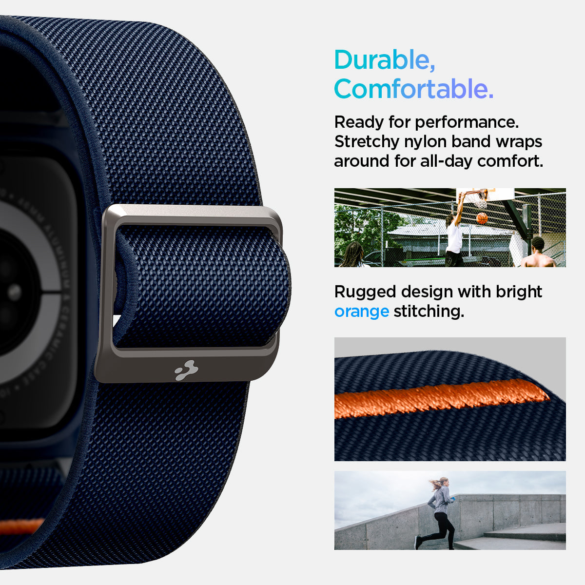 ACS08925 - Apple Watch 10 (46mm) Case Lite Fit Pro in Navy Blue showing the durable, comfortable. Ready for performance. Stretchy nylon band wraps around for all-day comfort. Rugged design with bright orange stitching