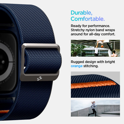 ACS08925 - Apple Watch 10 (46mm) Case Lite Fit Pro in Navy Blue showing the durable, comfortable. Ready for performance. Stretchy nylon band wraps around for all-day comfort. Rugged design with bright orange stitching