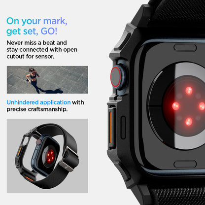 ACS08594 - Apple Watch (42mm) Case Lite Fit Pro in Matte Black showing how you will never miss a beat and stay connected with open cutout for sensor. Unhindered application with precise