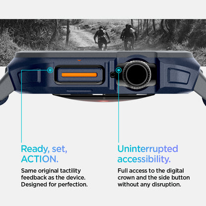 ACS08925 - Apple Watch 10 (46mm) Case Lite Fit Pro in Navy Blue showing the same original tactility feedback as the device. Designed for protection. Uninterrupted accessibility. Full access to the digital crown and the side button without any disruption
