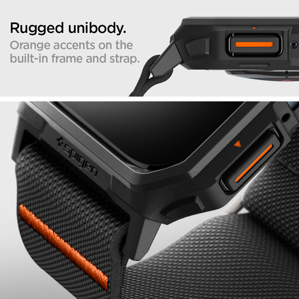 ACS07103 - Apple Watch (45mm) Lite Fit Pro in Matte Black showing the rugged unibody. Orange accents on the built-in frame and strap
