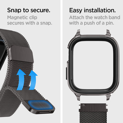 ACS04587 - Apple Watch (41mm) Metal Fit Pro in Graphite showing the snap to secure. Magnetic clip secure with a snap. Easy installation. Attached the watch band with a push pin