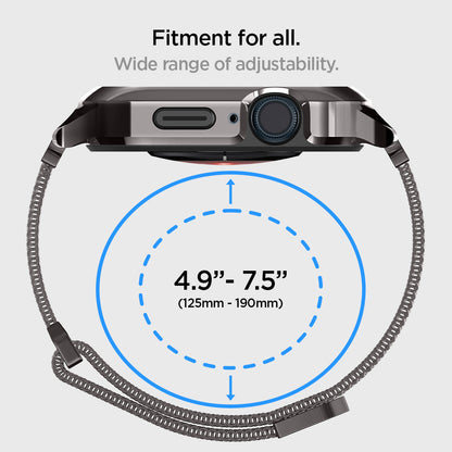 ACS04587 - Apple Watch (41mm) Metal Fit Pro in Graphite showing the fitment for all. Wide range of adjustability. 4.9: - 7.5"