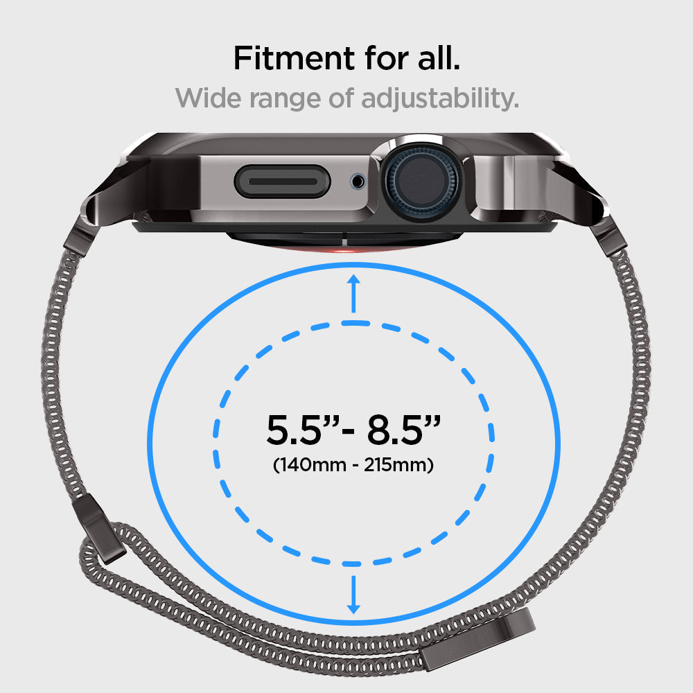 ACS04585 - Apple Watch Series (Apple Watch (45mm) Case Metal Fit Pro in graphite showing the fitment for all. Wide range of adjustability 5.5" / 8.5