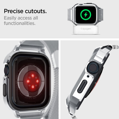ACS04584 - Apple Watch Series (Apple Watch (45mm) Case Metal Fit Pro in silver showing the precise cutouts. Easily access all funconalities
