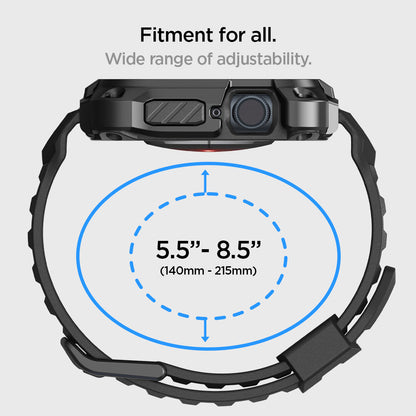 ACS05237 - Apple Watch Series (45mm) Case Tough Armor Pro Metal in black showing the fitment for all. Wide range of adjustability. 5.5" - 8.5" (14033 - 215mm)