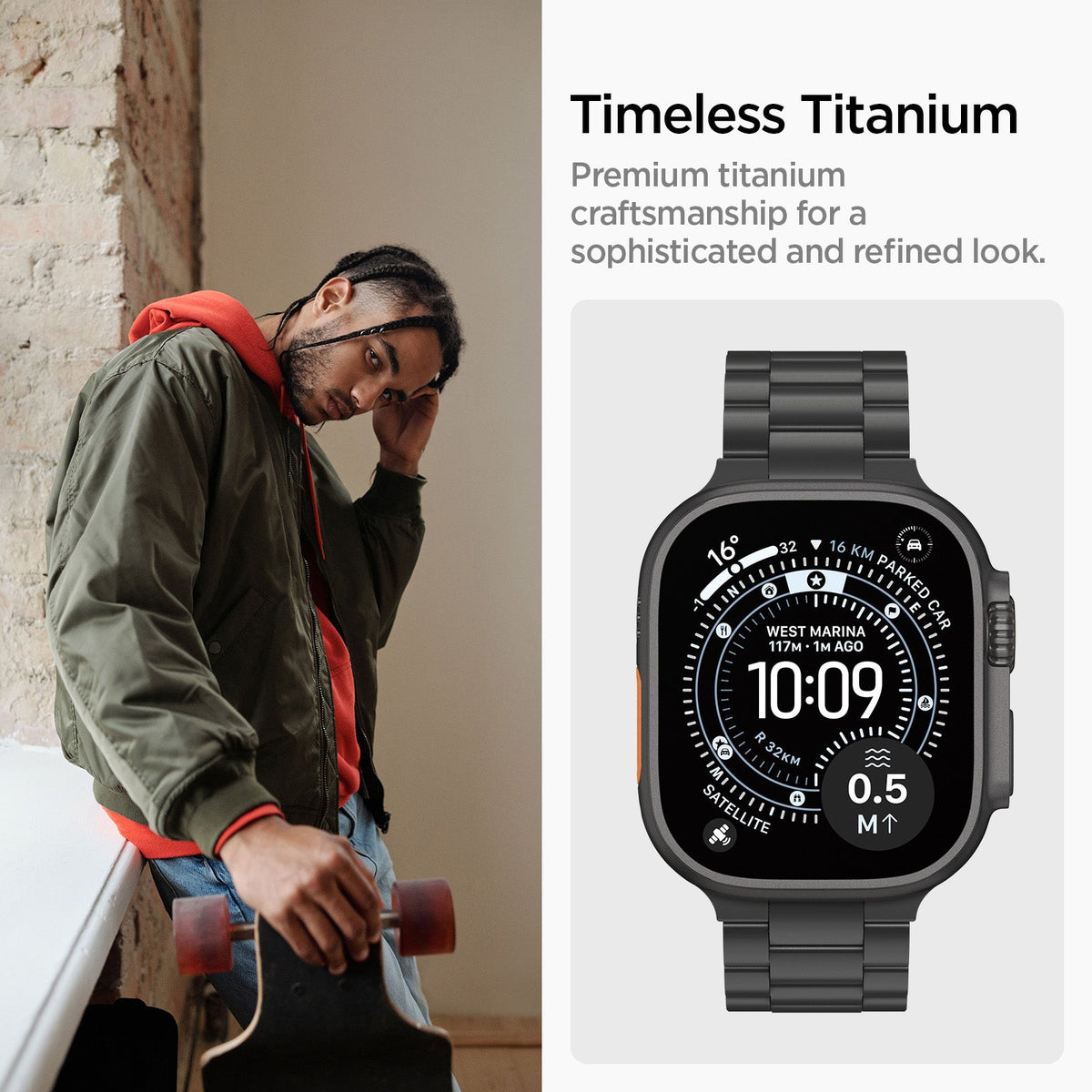 AMP11577 - Apple Watch Series - Modern Fit Titanium Black titanium construction provides a refined metal finish for everyday wear.