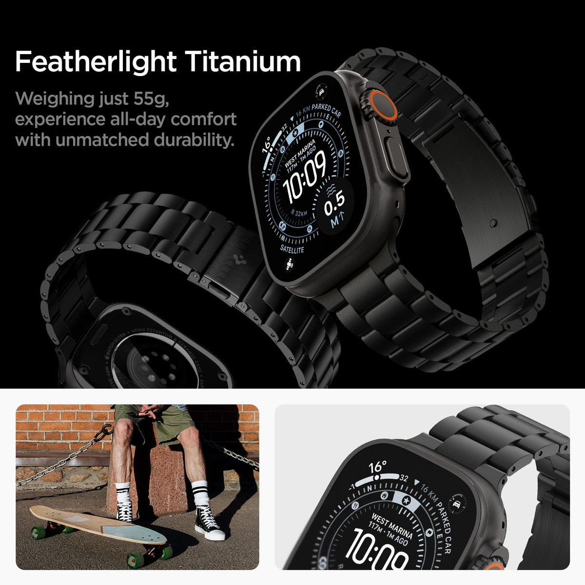 AMP11577 - Apple Watch Series - Modern Fit Titanium Black lightweight titanium band weighs 55g and features a durable linked construction.