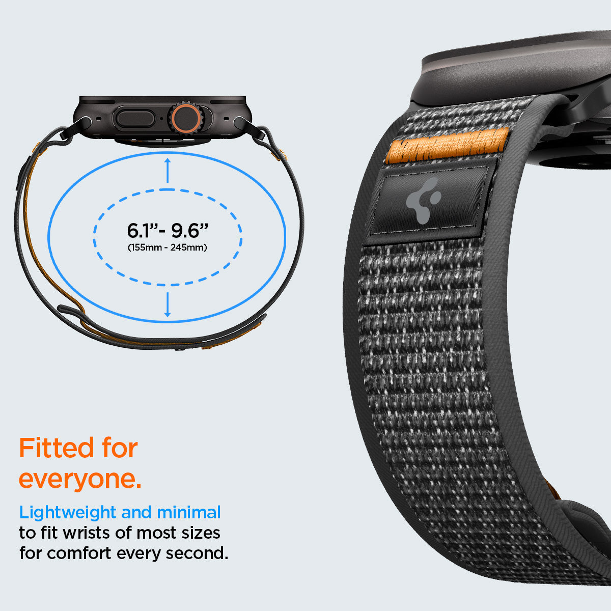 AMP10607 - Apple Watch Ultra Athlex Air 2 band size guide image showing adjustable strap circumference range from 6.1 inches to 9.6 inches with close-up of black orange woven Athlex Air 2 band highlighting lightweight minimal fit design for most wrist sizes