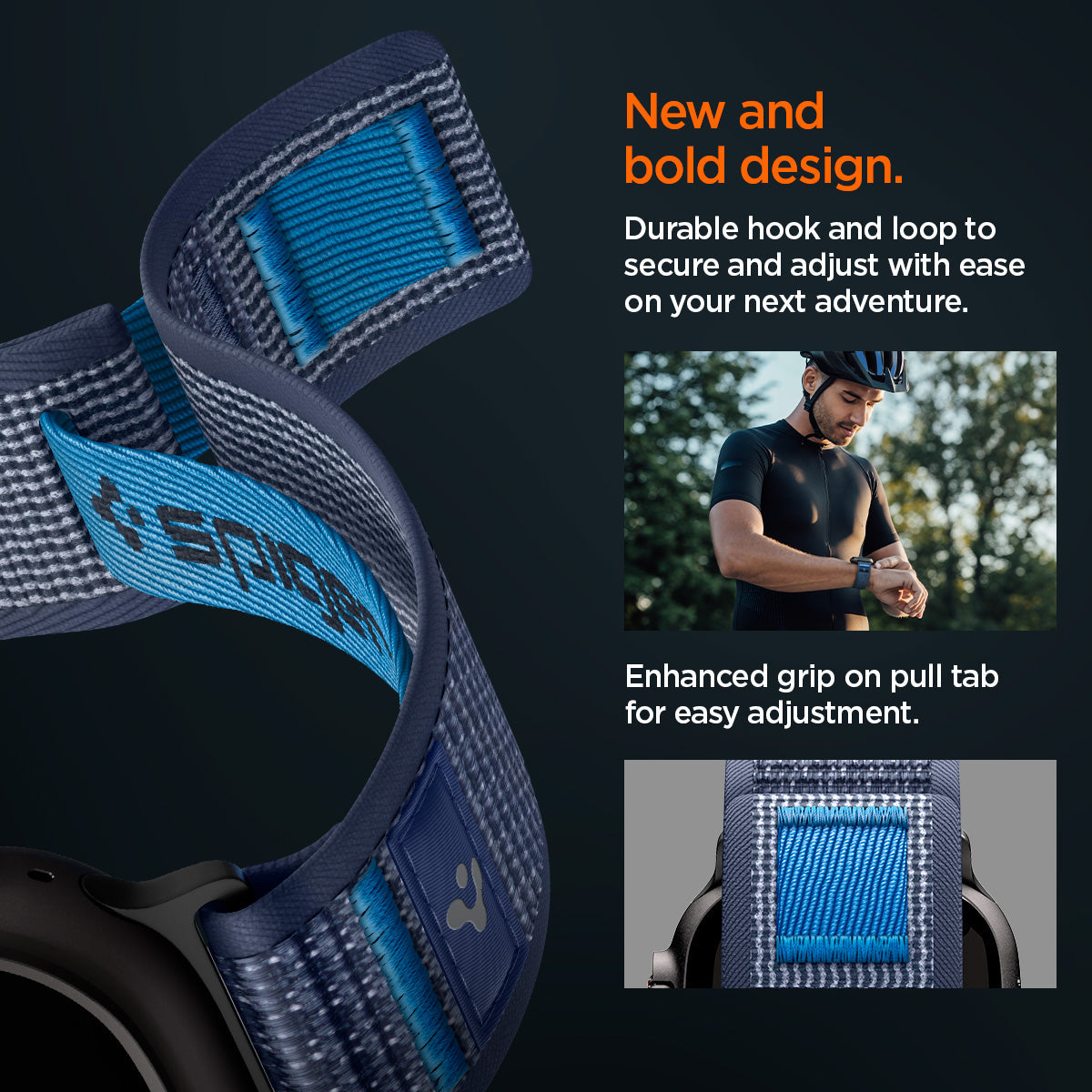 AMP10608 - Apple Watch Ultra Athlex Air 2 band close-up showing bold navy woven nylon strap with reinforced hook and loop fastening enhanced grip pull tab subtle logo detail and durable stitching designed for secure easy adjustment during active outdoor use