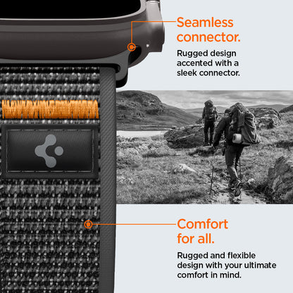 AMP10607 - Apple Watch Ultra Athlex Air 2 band detail highlighting seamless connector rugged gray woven nylon strap subtle logo patch and flexible textured weave designed for secure attachment and all day comfort during outdoor adventures
