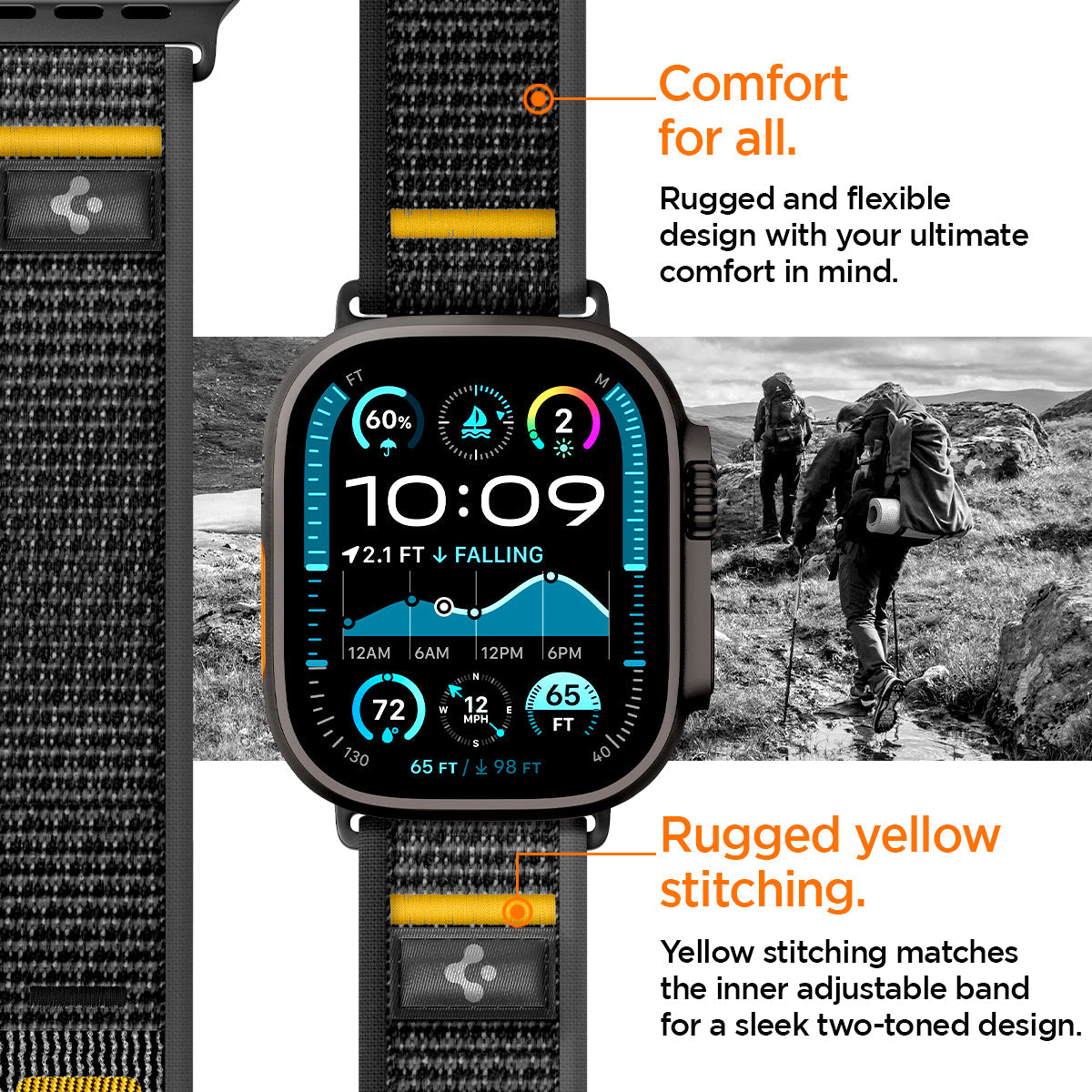 AMP09033 - Apple Watch 10 (46mm) Athlex Air in Active Black showing the comfort for all. Rugged and flexible design with your ultimate comfort in mind. Rugged yellow stitching. Yellow stitching matches the inner adjustable band for a sleek two-toned design