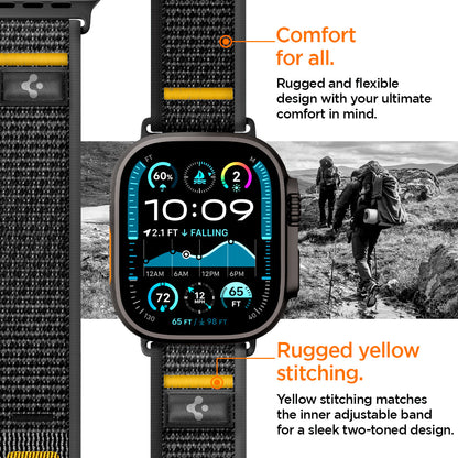 AMP09033 - Apple Watch 10 (46mm) Athlex Air in Active Black showing the comfort for all. Rugged and flexible design with your ultimate comfort in mind. Rugged yellow stitching. Yellow stitching matches the inner adjustable band for a sleek two-toned design