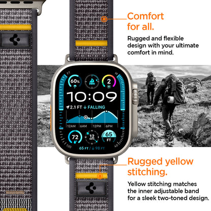 AMP09034 - Apple Watch 10 (46mm) Athlex Air in Active Gray showing the comfort for all. Rugged and flexible design with your ultimate comfort in mind. Rugged yellow stitching. Yellow stitching matches the inner adjustable band for a sleek two-toned design