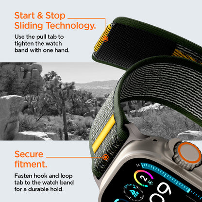 AMP09035 - Apple Watch 10 (46mm) Athlex Air in Active Green showing the start & stop sliding technology. Use the pull tab to tighten the watch band with one hand. Secure fitment. Fasten hook and loop tab to the watch band for a durable hold