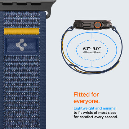 AMP09036 - Apple Watch 10 (46mm) Athlex Air in Active Navy showing the fitment. 6.1" - 9.0" (155mm-230mm). Fitted for everyone. Lightweight and minimal to fit wrists of most sizes for comfort every second