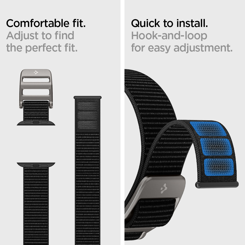 AMP02465 - Apple Watch Series (Apple Watch (49mm)/Apple Watch (45mm)/Apple Watch (42mm)) Watch Band DuraPro Flex in black comfortable fit adjust to find the perfect fit. hook-and-loop for easy adjustment. Quick to install.