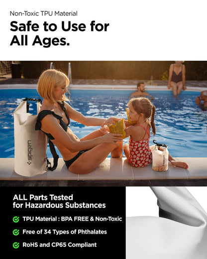 AMP06026 - AquaShield Waterproof Bag A630 in Snow White showing the non-toxic TPU material, safe to use for all ages, all parts tested for hazardous substance bpa free, free of 34 types of phthalates and RoHS and CP65 compliant