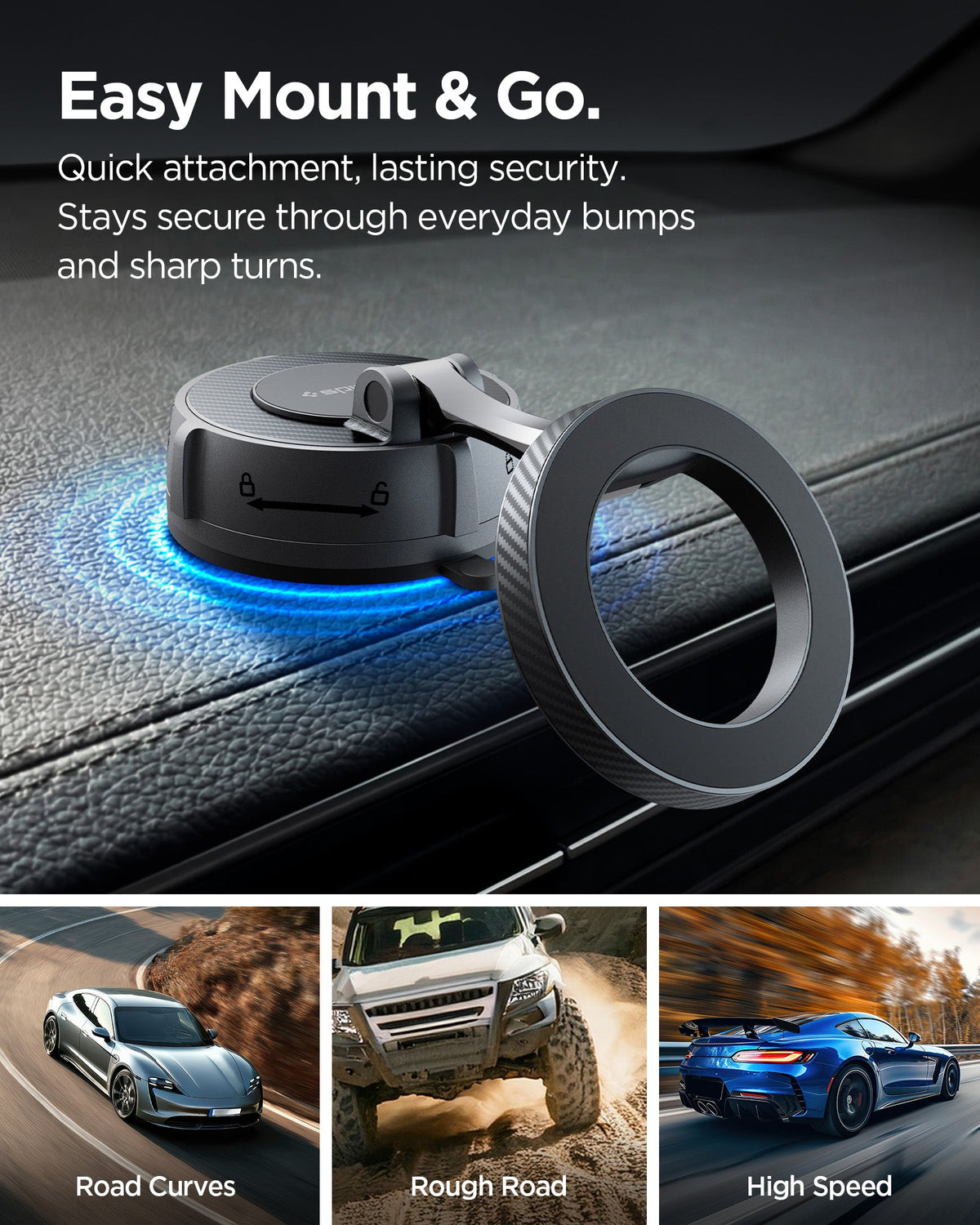 ACP11658 - Spigen Magnetic Car Mount (Mag Fit) MFT 36-1 showing the mount secured to a dashboard surface with cars on curved, rough, and high-speed roads below