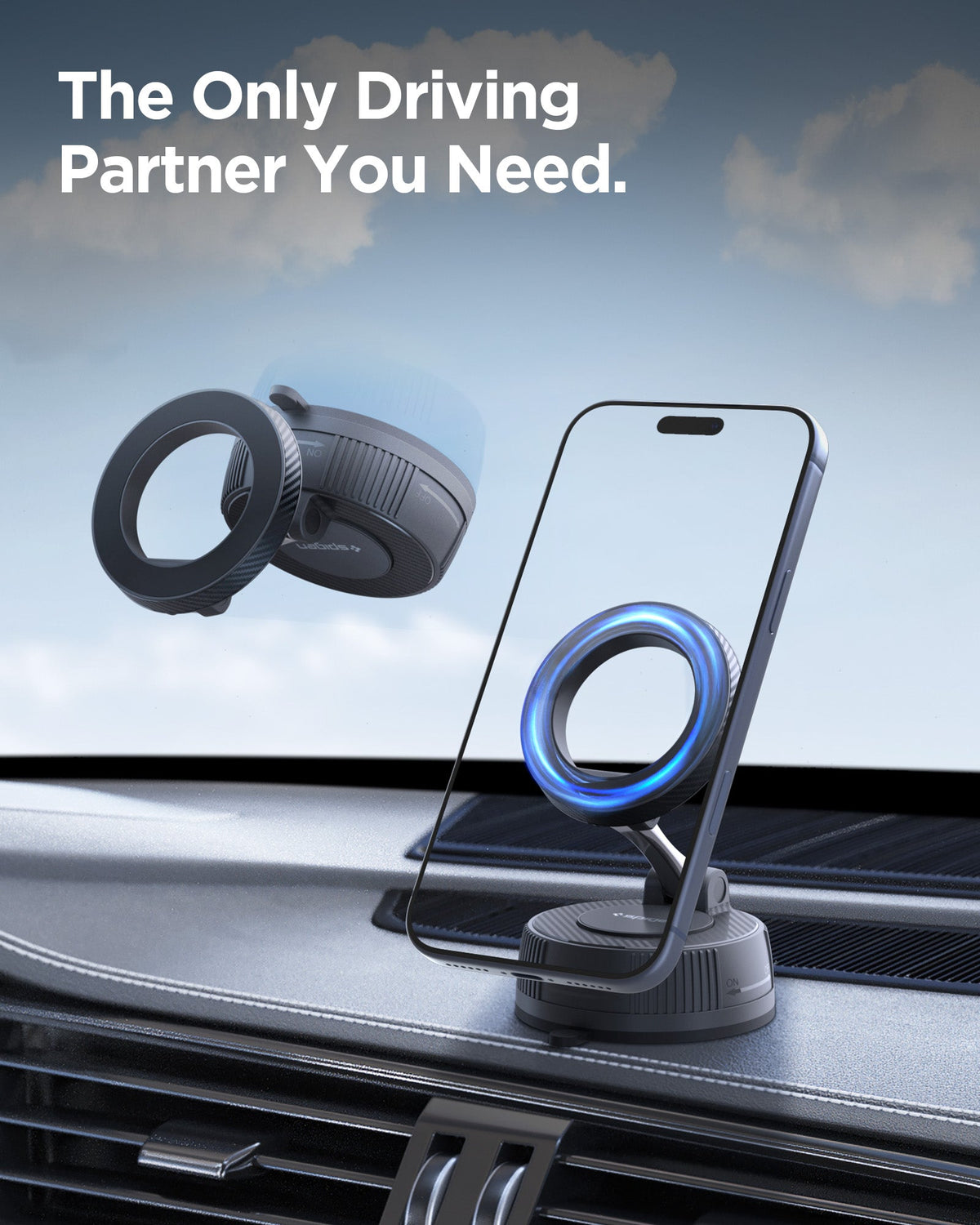 ACP11172 - Spigen Mag Fit Suction Cup Mount showing magnetic phone attachment on car dashboard with stable driving setup