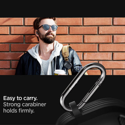ACS05591 - Bose Earbuds Quiet Comfort 2 Case Rugged Armor in black showing easy to carry strong carabiner holds firmly