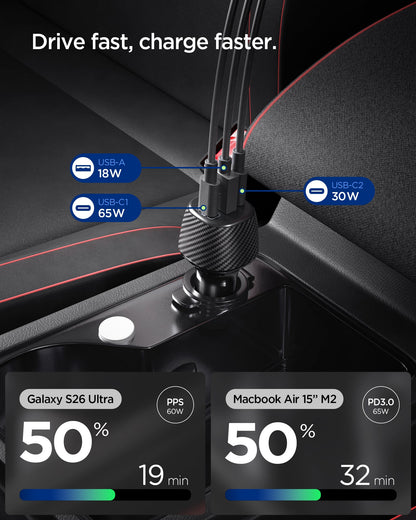 ACP09543 - ArcStation™ Essential 113W USB C Fast Car Charger | EV1133 showing the car charger plugged into a vehicle's rear seat power outlet with three cables connected, alongside charts showing a Galaxy S26 Ultra reaching 50% in 19 minutes and a MacBoo