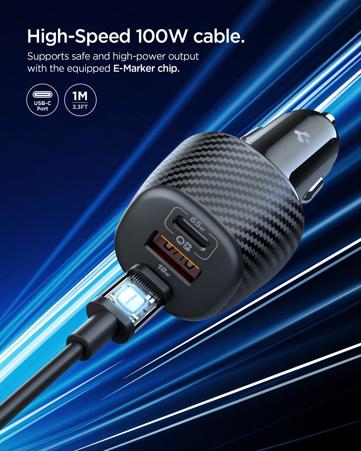 ACP09543 - ArcStation™ Essential 113W USB C Fast Car Charger | EV1133 showing a close-up of the car charger's USB-C cable connector with a visible E-Marker chip, next to the charger's three ports, labeled "High-Speed 100W cable."
