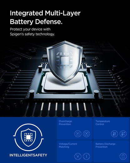ACP09543 - ArcStation™ Essential 113W USB C Fast Car Charger | EV1133 showing the "Integrated Multi-Layer Battery Defense" graphic with a shield icon over a circuit board, listing overcharge prevention, temperature control, voltage/current matching, and