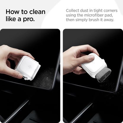 ACP10510 - CC90 Car Screen Cleaner in white showing how to clean like a pro. collect dust in tight corners using the microfiber pad, then simply brush it away