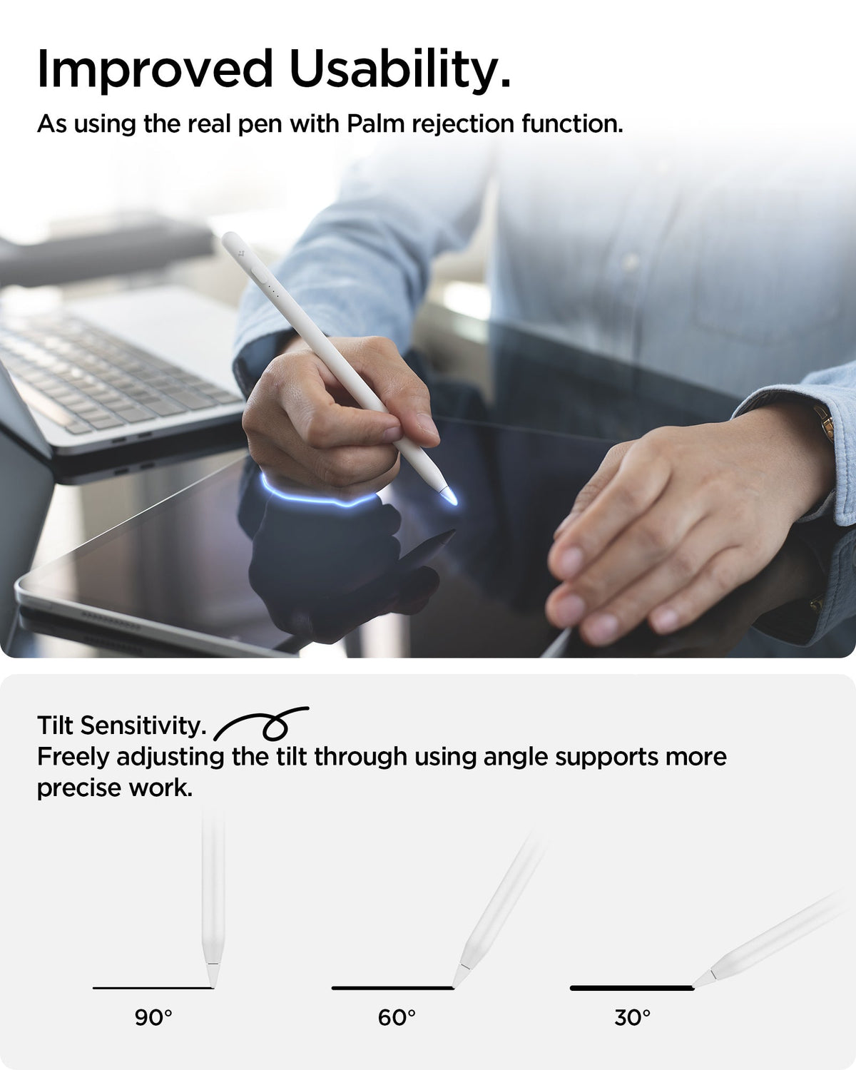 APP07858 - Apple Stylus Pen | DA12 White showing improved usability. As using the real pen with palm rejection function