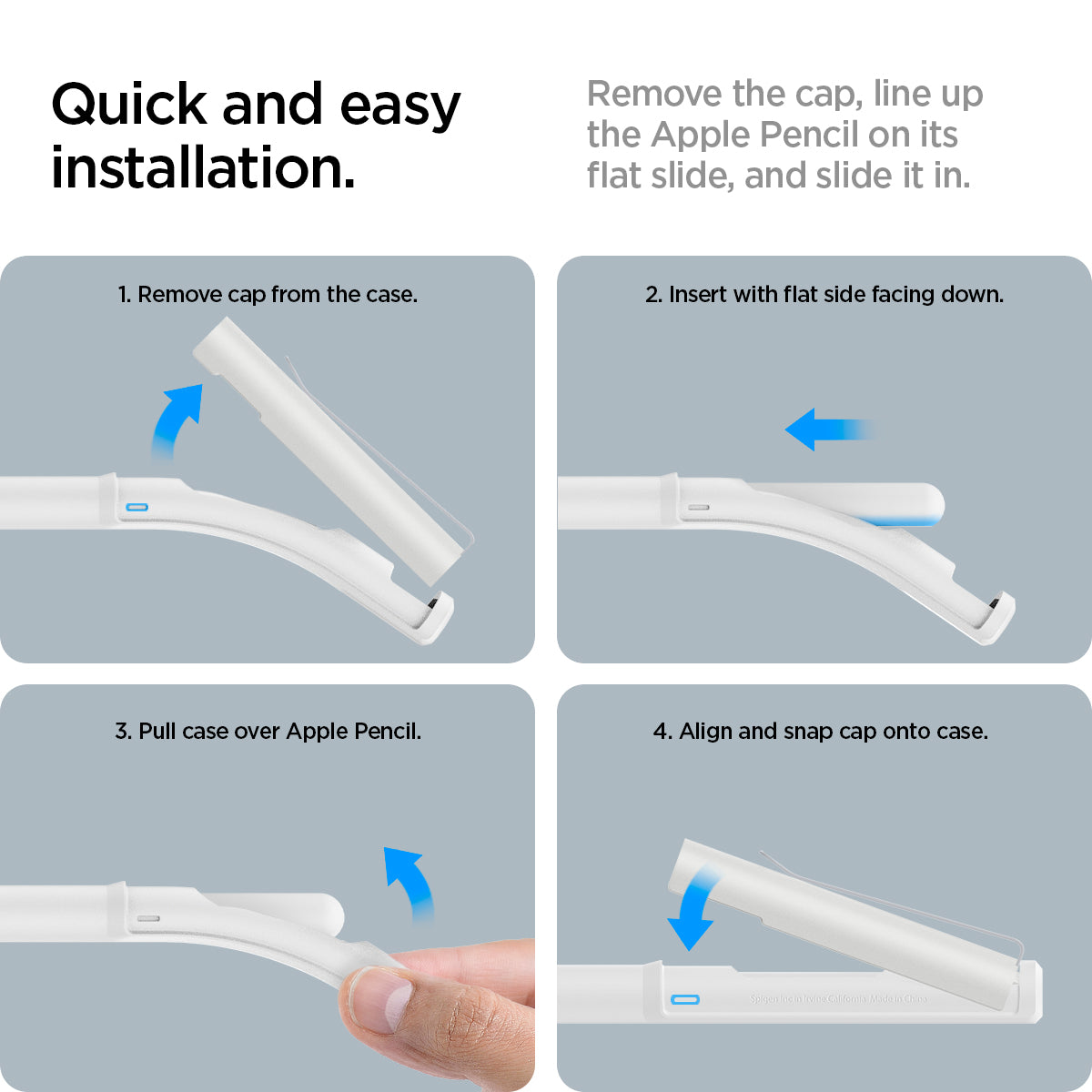 ACS05857 - Apple Pencil Holder DA201 in white showing the quick and easy installation. Remove the cap, line up the Apple Pencil on its flat slide, and slide in 1. Remove cap from the case 2. Insert with flat side facing down 3. Pull case over Apple Pencil 4. Align and snap cap onto case