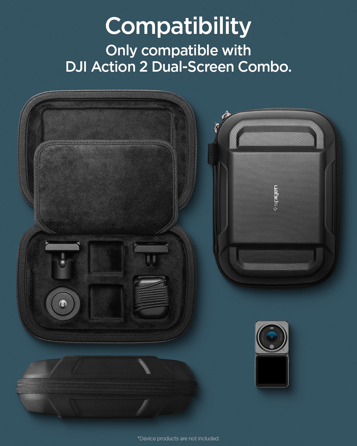 AFA04310 - DJI Action 2 Case Rugged Armor Pro Pouch in black showing the compatibility, only with DJI Action 2 Dual-Screen Combo