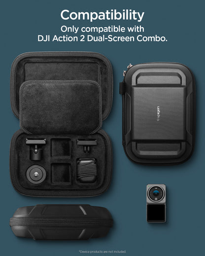 AFA04310 - DJI Action 2 Case Rugged Armor Pro Pouch in black showing the compatibility, only with DJI Action 2 Dual-Screen Combo