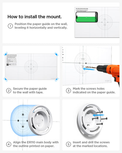AMP09409 - Eero 6 Mount | ER110 in White showing how to install the mount. 1. Level and tape the paper guide to the wall 2. Mark the screw holes 3. Align the ER110 with the guide 4. Drill screws into the marked spots 5. Insert and drill the screws at the marked locations