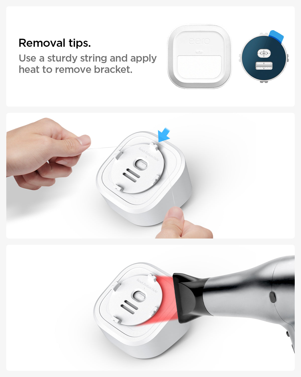 AMP09409 - Eero 6 Mount | ER110 in White showing the removal tips. Use a sturdy string and apply heat to remove bracket