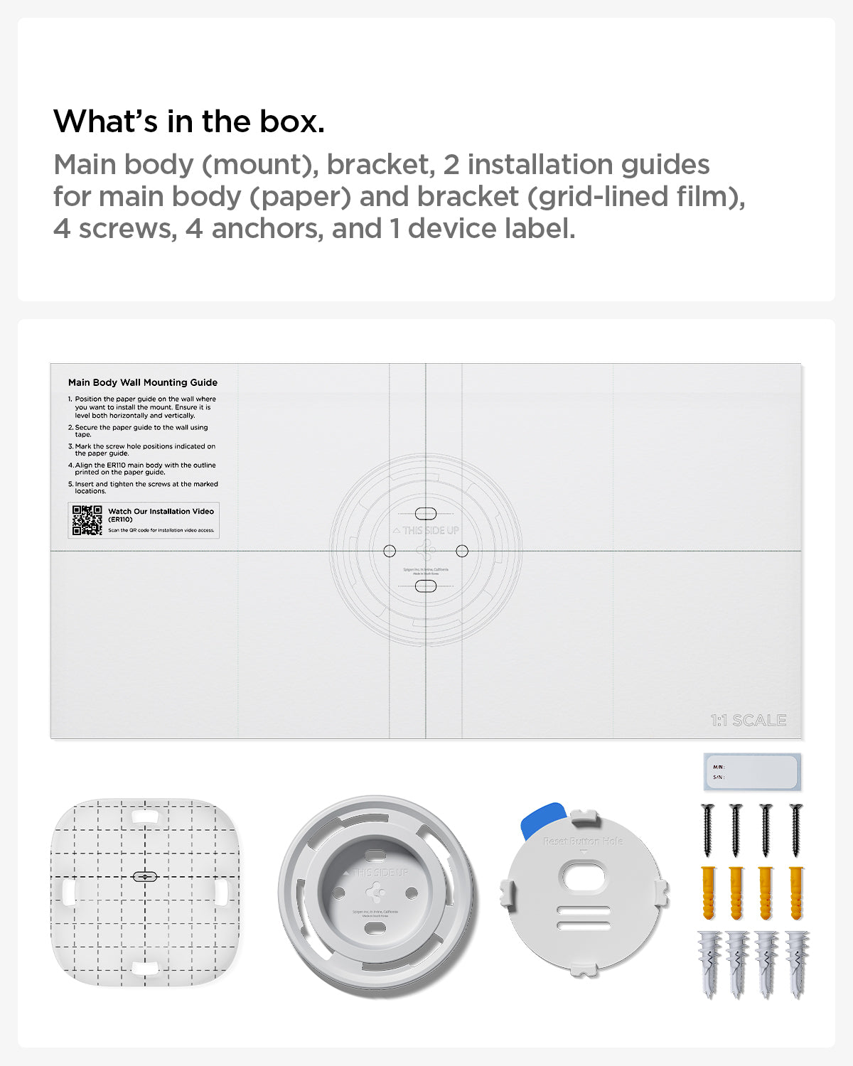 AMP09409 - Eero 6 Mount | ER110 in White showing what's in the box. Main body (mount), bracket, 2 installation guides for main body (paper) and bracket (grid-lined film), 4 screws, 4 anchors, and 1 device label