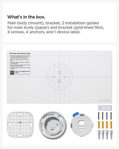 AMP09409 - Eero 6 Mount | ER110 in White showing what's in the box. Main body (mount), bracket, 2 installation guides for main body (paper) and bracket (grid-lined film), 4 screws, 4 anchors, and 1 device label