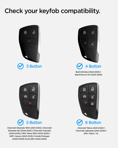 ACS11419 - Chevrolet & GMC Key Fob Cover | CK100 showing compatibility chart for 3, 4, 5, and 6 button key fob variants with supported vehicle models