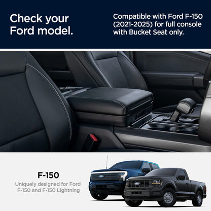 ACP08900 - Ford Armrest Console Organizer | FO220 in Black showing the compatibility. Compatible with Ford-150 (2021-2025) for full console with Bucket Seat only. F-150 Uniquely designed for Ford F-150 and F-150 Lightning