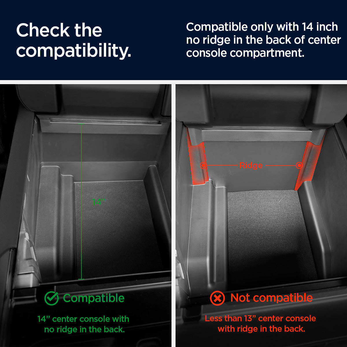 ACP08900 - Ford Armrest Console Organizer | FO220 in Black showing the compatibility. Compatible only with 14 inch no ridge in the back of center console compartment.