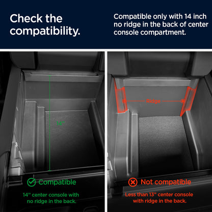 ACP08900 - Ford Armrest Console Organizer | FO220 in Black showing the compatibility. Compatible only with 14 inch no ridge in the back of center console compartment.