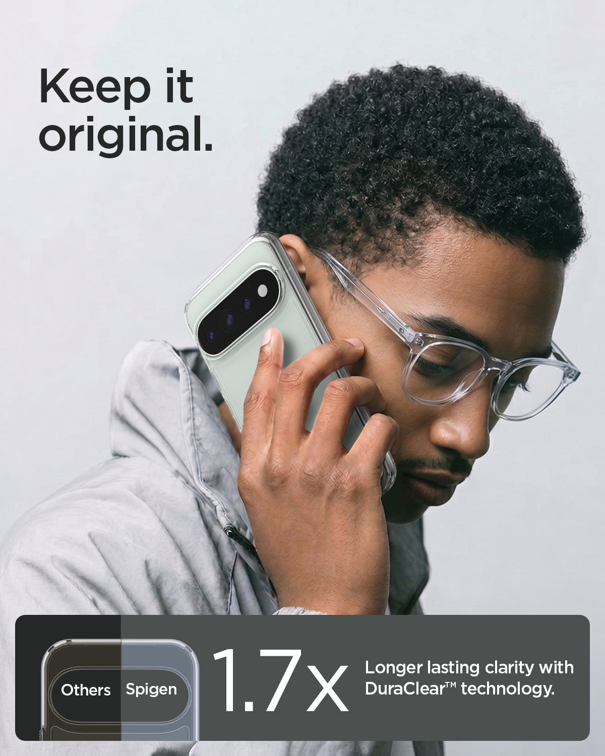 ACS11430 - Pixel 11 Pro Ultra Hybrid Crystal Clear Person holding Pixel 11 Pro in the crystal clear case highlighting DuraClear technology that helps maintain lasting clarity.