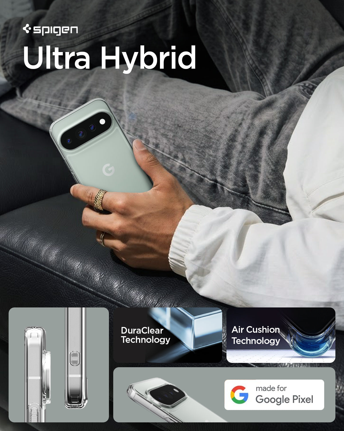 ACS11430 - Pixel 11 Pro Ultra Hybrid Crystal Clear lifestyle image featuring the Ultra Hybrid crystal clear case with a slim design, DuraClear technology, and Air Cushion protection.