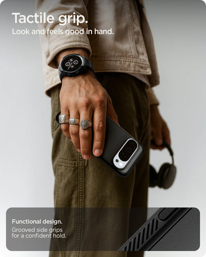 ACS09721 - Pixel 10 Pro XL Case Rugged Armor (MagFit) in black showing the tactile grip. Look and feels good in hand. Functional design with grooved side grips for a confident hold