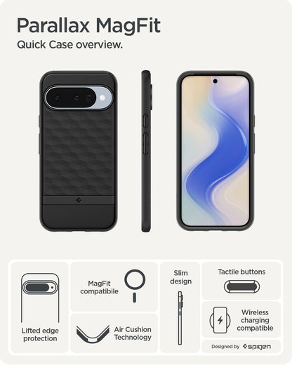 ACS09708 - Pixel 10 Pixel 10 Pro in black showing the quick case overview. Lifted edge protection, MagFit compatible, AirCushion Technology, slim design and tactile buttons.